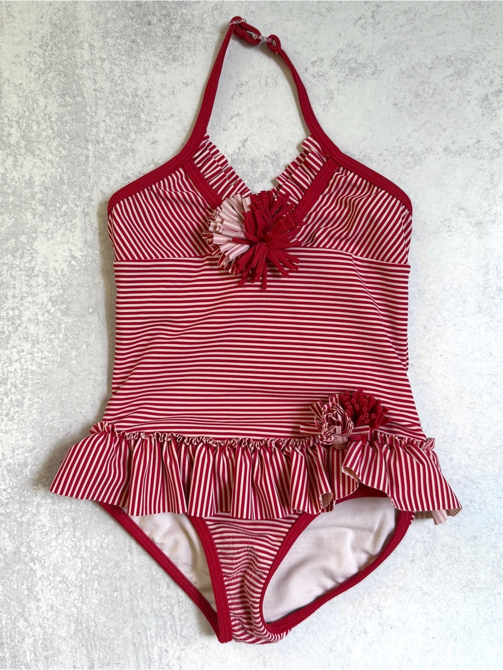 2T🇺🇸 Kate Mack Red & White Stripe Halter Ruffle Swimsuit